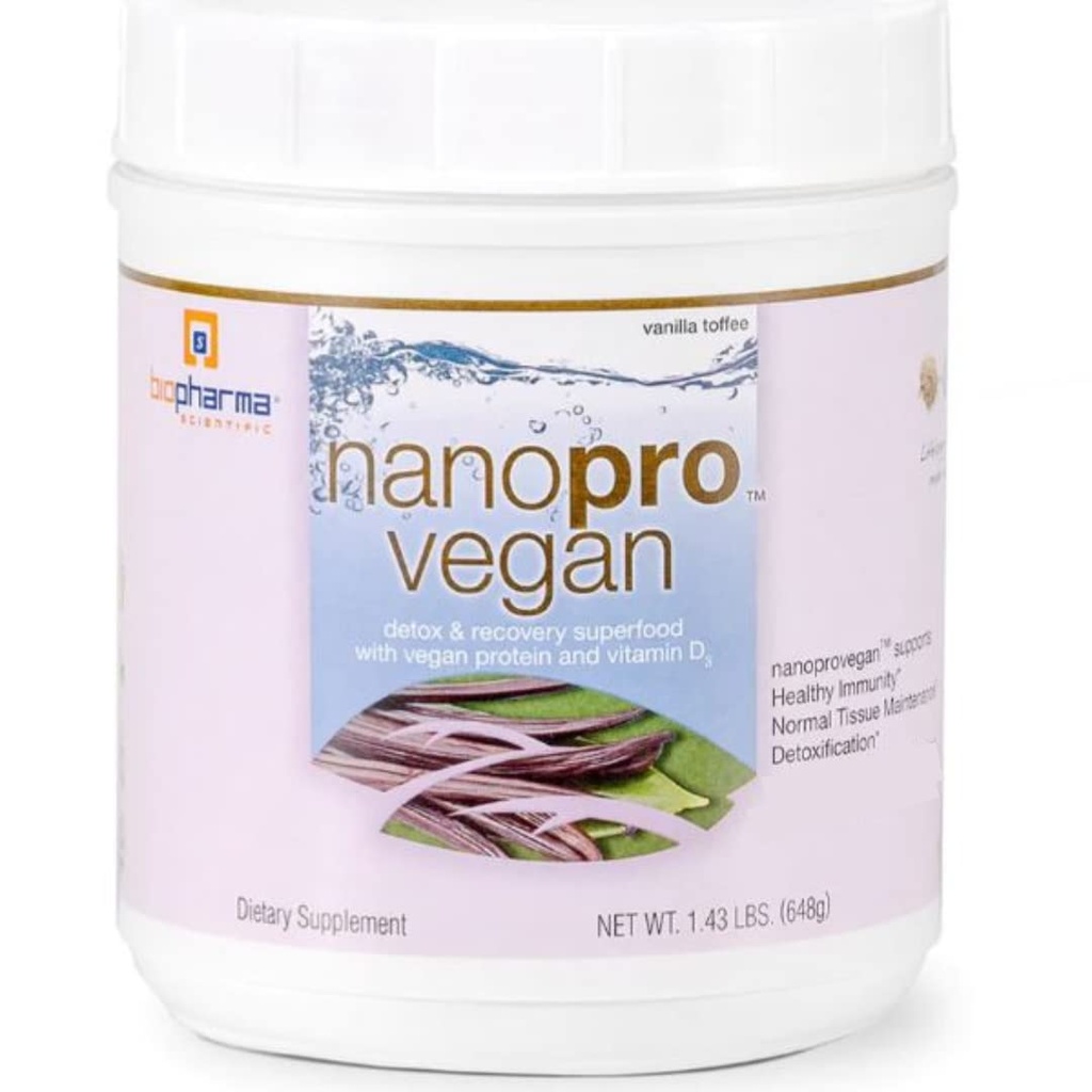 Biopharma Scientific Nanopro Vegan: Vegan Protein Powder para apoio imunológico e recuperação de exercício com mistura de proteína de ervilha, Ashwagandha e Vegan D3, Vanilla caramelo sabor, 30 Servings