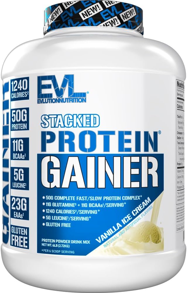 Evluition Nutrition Stacked Protein Gainer, 50 Grams Whey Protein Powder Complex, 251 Grams carboidratos, Construir músculo, Recuperação, Pós de treino, Sem glúten (Vanilla Ice Cream, 6 LB)