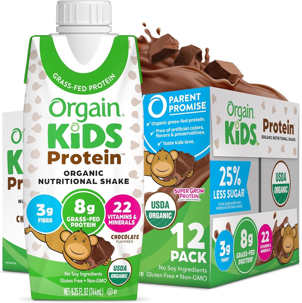 Orgain Organic Kids Protein Nutritional Shake, Chocolate - 8g de proteína, 22 vitaminas e minerais, frutas e vegetais, sem glúten, sem soja, sem OGM, 8.25 Fl Oz (Pacote de 12)