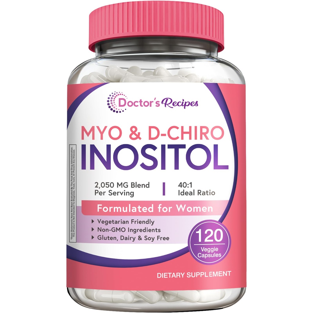 Doctor's Recipes Inositol Supplement, Myo-Inositol & D-Chiro Inositol Cápsulas 2050mg por serviço, Ideal 40:1 Mistura, Equilíbrio Hormônio para Mulheres, Função Ovária & Apoio à Fertilidade, 120 Caps Vegan