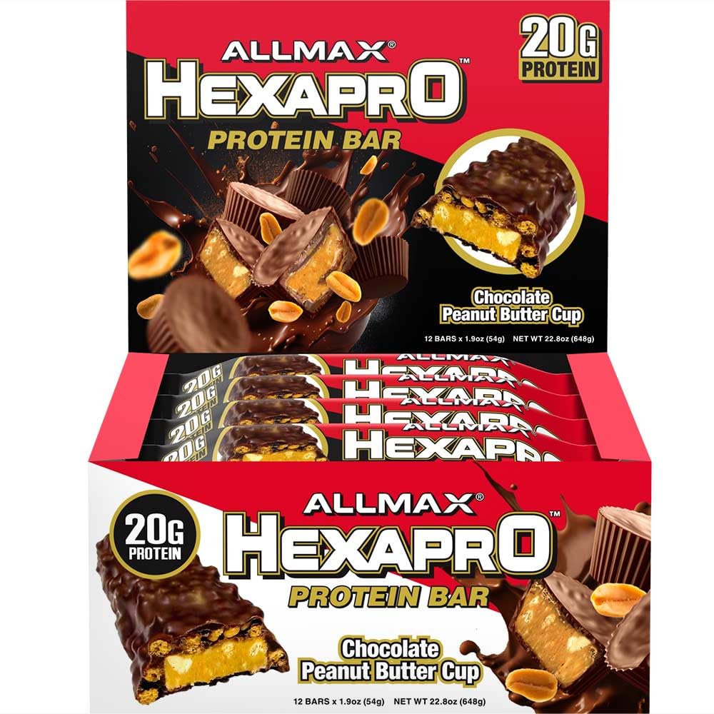 ALLMAX HEXAPRO PROTEIN BAR, Chocolate Copo de Manteiga de Amendoim - Pacote de 12 - Lanche de Energia de Alta Proteína - 20 g de proteína por bar - com isolado de proteína de soro