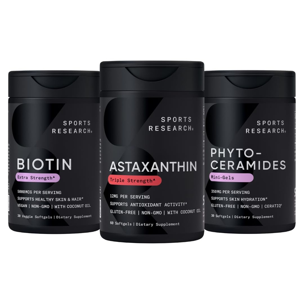 Sports Research® Healthy Skin and Hair Support - Vegan Biotin 10.000mcg com óleo de coco, força tripla Astaxantina 12mg, e Phytoceramidas 350mg por Softgel · Não-GMO · Vegan · Gluten-Free