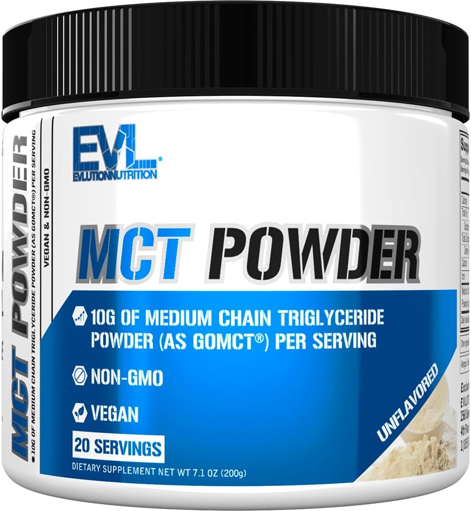 Evluition Nutrition MCT Powder - Keto Supplement - MCT Oil Powder - 10G Triglicéridos de cadeia média - Bebida de energia do cérebro e corpo - Suplemento de ácido gordo - Vegan & Non-GMO - 20 Servings - Sem sabor