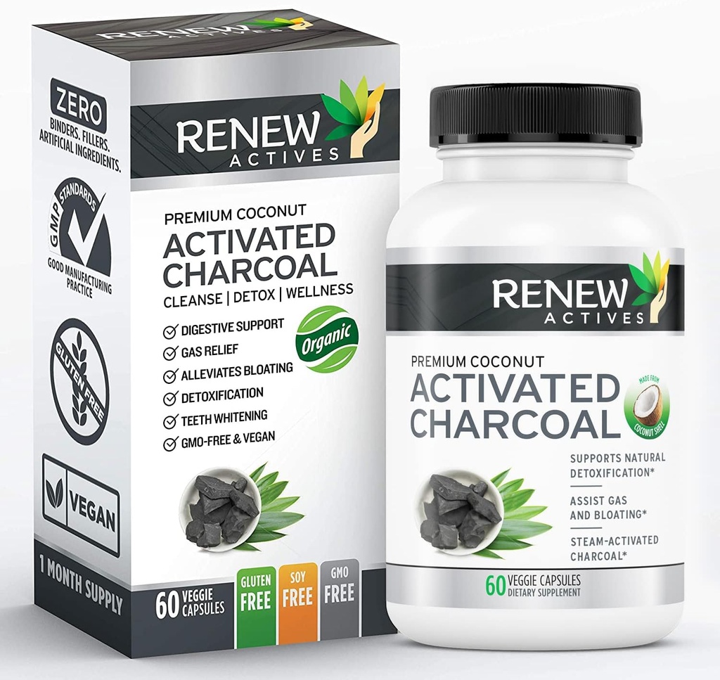 Renew Actives Actived Charcoal Supplement 1100MG por 2 Cápsulas - Suporte Digestivo & Whitening Dentes Fórmula, Sem Ingredientes Artificiais - Made in Canada - 60 Cápsulas