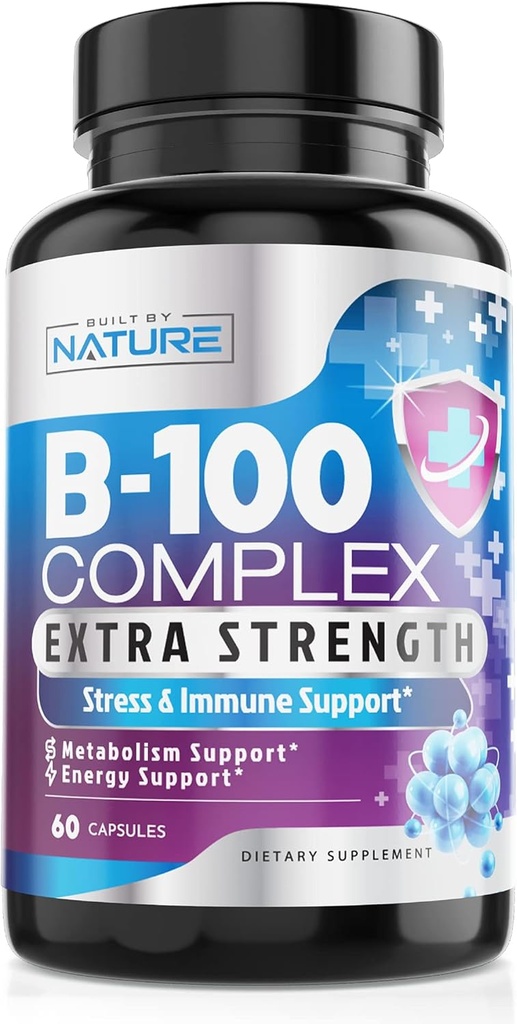 Vitamina B Complexo - Todas as vitaminas B B1, B2, B3, B5, B6, B7, B9, B12, Ácido Fólico, Vitamina C - Super B-100 Suplemento - Imune, Energia & Metabolismo Suporte, Vegan, Não-GMO, Gluten Free, 60 Cápsulas