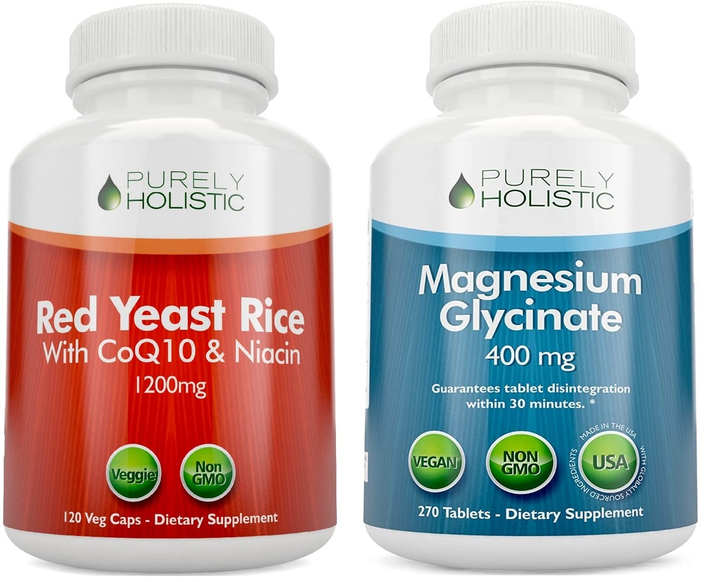 Puramente Holístico Vermelho Levedura Arroz 1200mg com CoQ10 & Niacina + Magnésio Glicinato 400mg - 120 Cápsulas + 270 Comprimidos - Made in USA