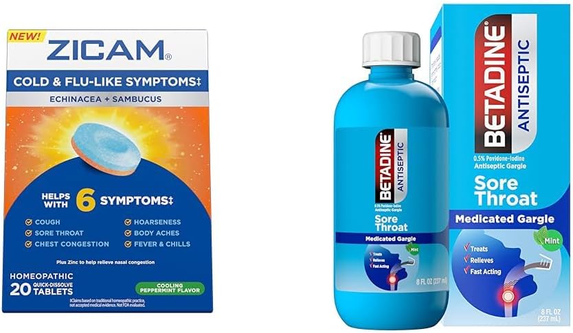 Alívio de sintomas frios de Zicam com Betadine Gargle Gargalo de Garganta Dores, Echinacea & Sambucus Comprimidos homeopáticos, 20 contagem & 8 FL OZ