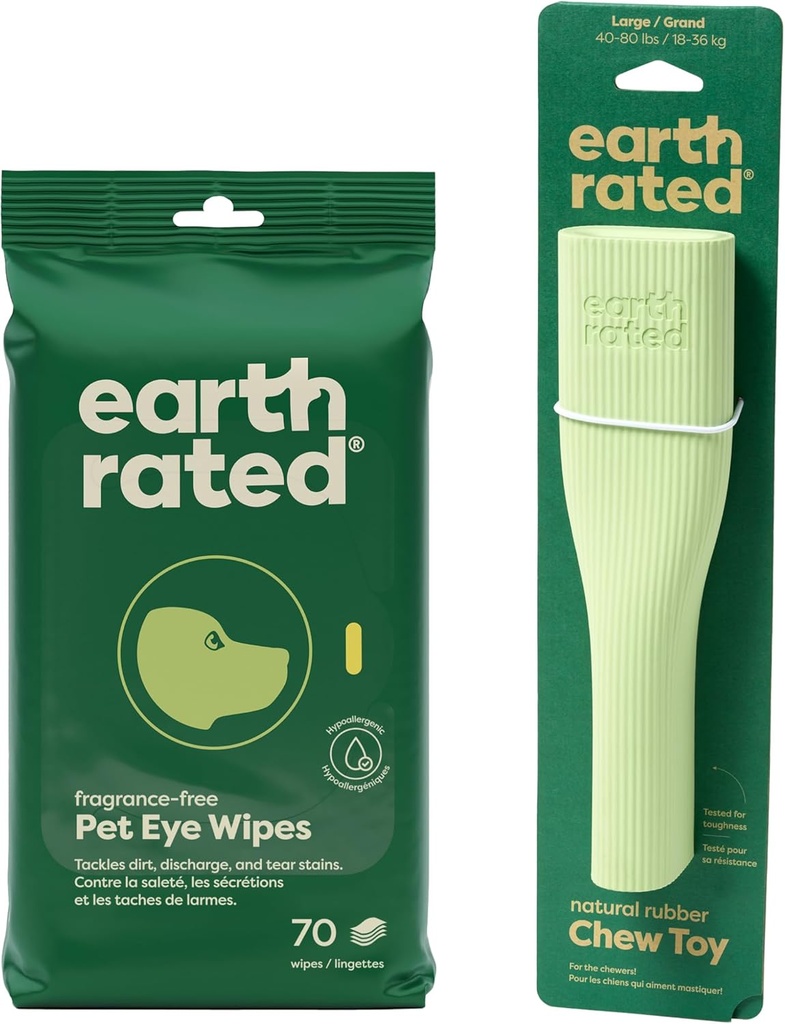 Pacote limpo e calmo da Terra - inclui 70 Wipes de olho de animal de estimação sem fragrância e 1 grande brinquedo de enriquecimento