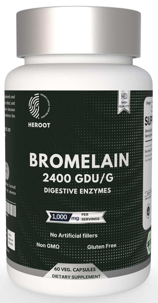 Bromelain 500mg 60 Cápsulas Baseadas em Plantas; 2400 GDU Potencia; Suporta Saúde Conjunta & Digestão; Sem conservantes ou aditivos artificiais
