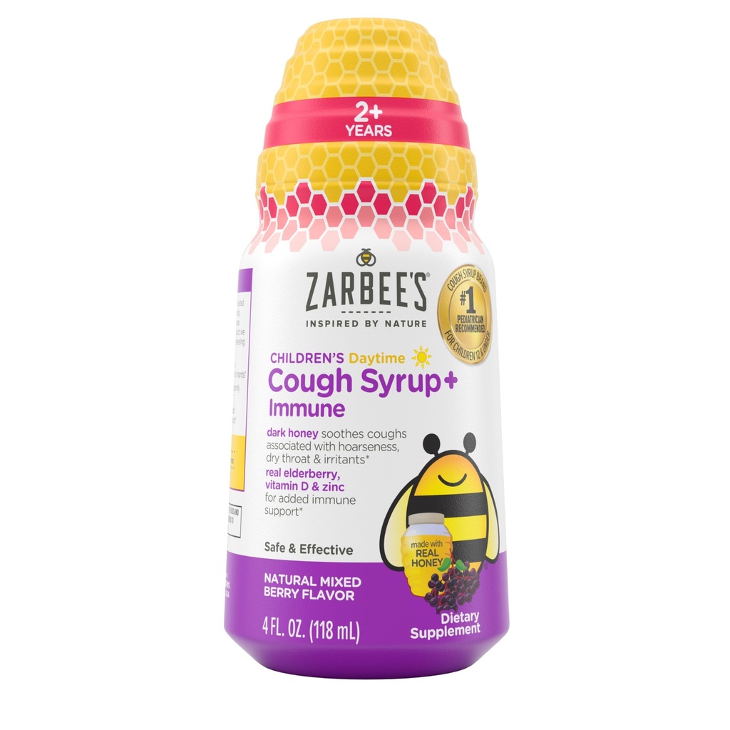 Zarbee's Children's Daytime Honey Tosse Syrup + Imune para Crianças 2+, Tosse Syrup com mel escuro calmante, Amora verdadeira, Vitamina D & Zinco, Drug & Alcohol-free, Berry misto, 4 fl. oz