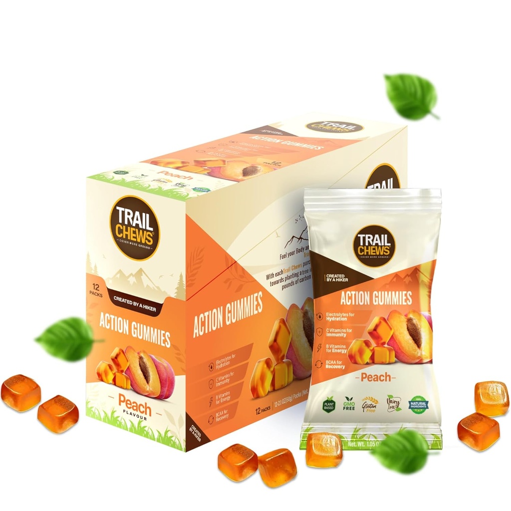 – Flavor de pêssego – chicletes de energia 4-em-1 para energia, hidratação, imunidade, recuperação. Aumenta a perseverança e o desempenho. Com base em plantas e sem glúten. 12 sacos, 10 chicletes cada.