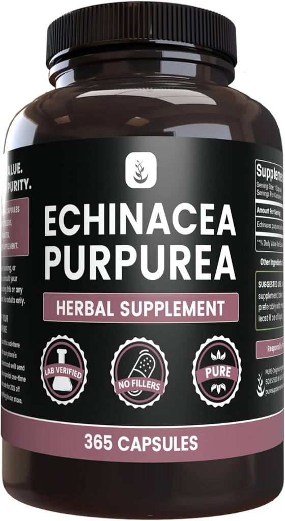 INGREDIENTES ORIGINAIS PUROS Echinacea Purpurea (365 Cápsulas) Sem enchimento de magnésio ou arroz, sempre puro, verificado no laboratório