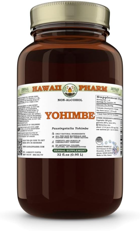 Yohimbe (Pausinystalia Yohimbe) Dry Bark Glicerite, Made in Hawaii, All Natural, Vegan, Lab testado extrato líquido livre de álcool - 32 fl.oz