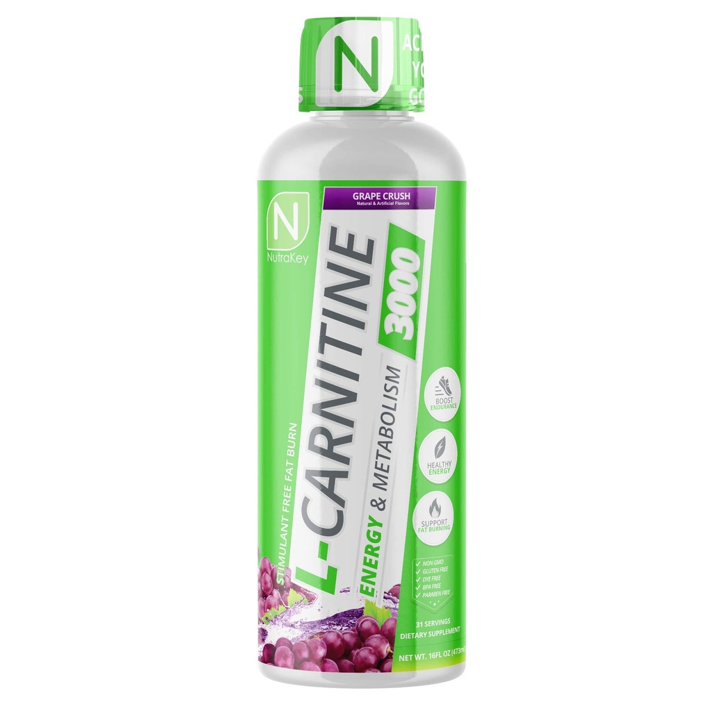 NutraKey L-Carnitina 3000mg, Sem açúcar, Sem glúten, Transformar em combustível, (Esmagamento de grama) 31 Servings