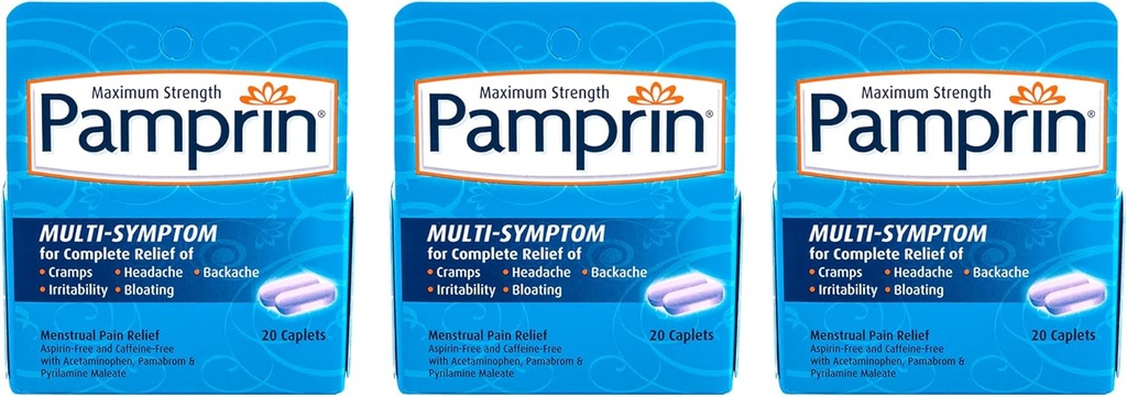 Fórmula multi-sintoma de Pamprin, com acetaminofeno, alívio dos sintomas do período menstrual, 20 Caplets (Pacote de 3)