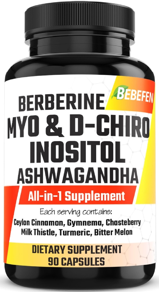 Myo-Inositol & D-Chiro Inositol Cápsulas com Ashwagandha, Berberine, Cinnamon, Gymnema, Chasteberry, Cardo de Leite, Açafrão, Melão Amargo - 90 Cápsulas