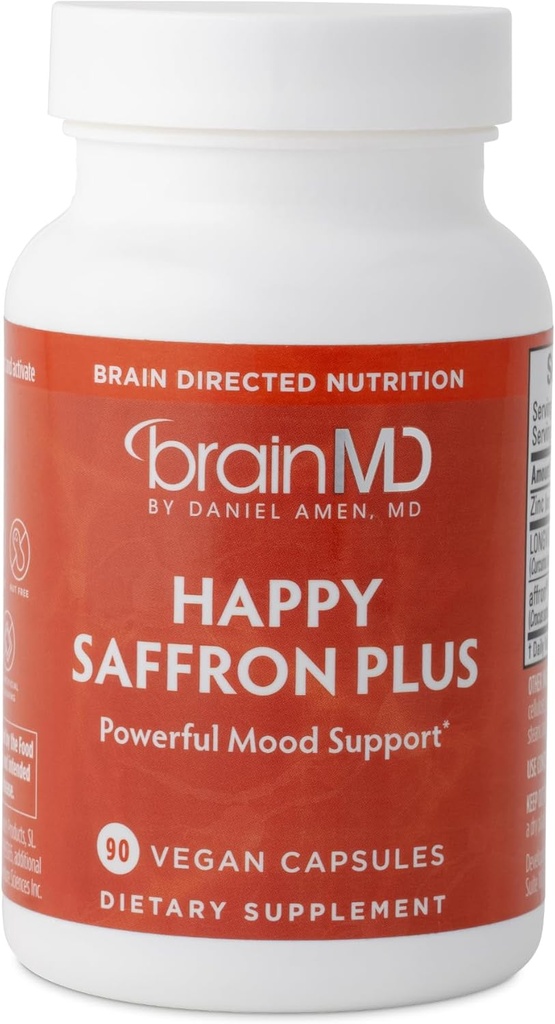 Dr Amen BrainMD Happy Saffron Plus - 90 Cápsulas, Pacote de 2 - Com Extrato de Flor de Açafrão, Curcumina & Zinco - Vegan, Gluten Free - 60 Total Servings