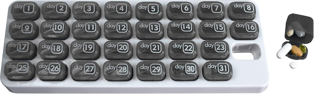 Organizador Med mensal com 31 cápsulas de pílulas removíveis diárias para casa, trabalho, viagem, caixas de pílulas numeradas para suplementos e vitaminas (Grey)