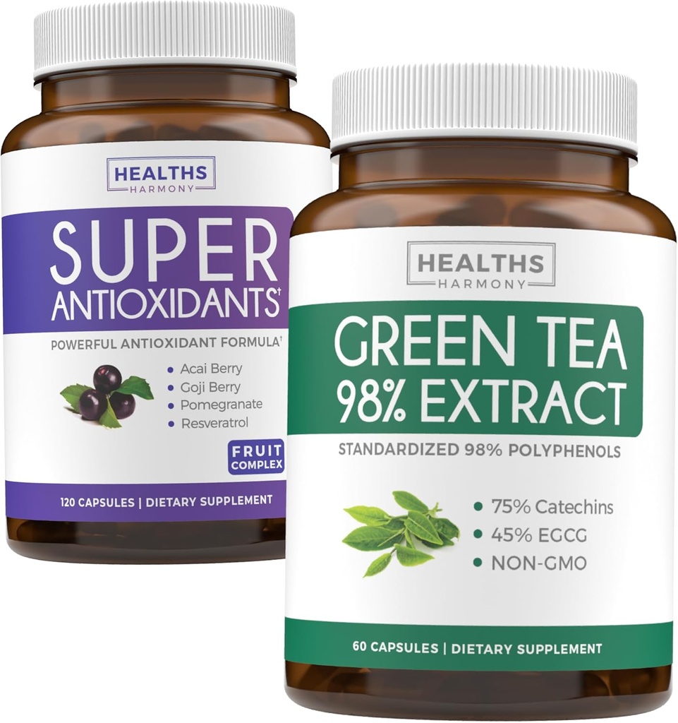 Antioxidantes & Extrato de Chá Verde (1-fornecimento de mês) Antioxidante Fusão Verde - Super Antioxidantes - poderoso Super alimento Mistura diária (120 caps) & Extrato de Chá Verde com EGCG Catequinas de Polifenol (60 caps)