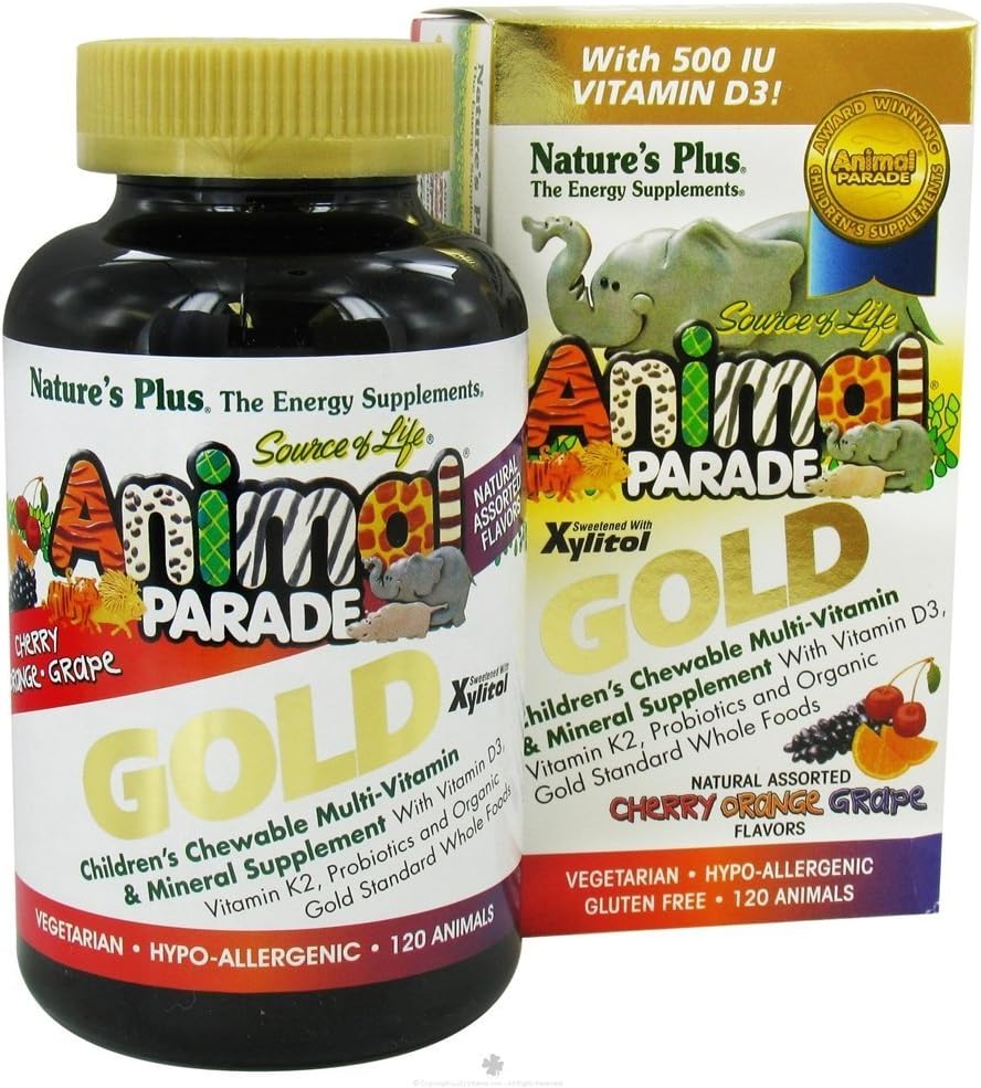 NaturezasPlus animal parada ouro Multivitamin de crianças - Cereja sortida, laranja & sabores de uva - 120 Animal-Shaped comprimidos mastigáveis, Pacote de 2 - Vegan, Sem glúten - 120 Total Servings