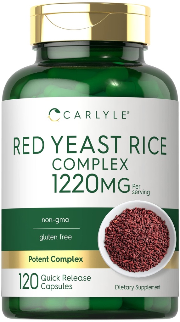 Carlyle Red Yeast Rice Complex 1220mg 120 cápsulas com Policosanol Não-GMO e Suplemento sem glúten