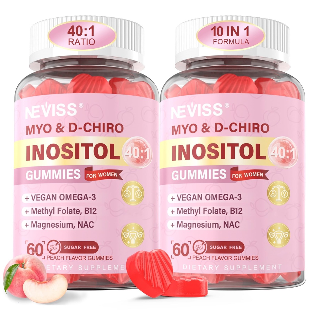 Myo-Inositol & D-Chiro Inositol Gummies para Mulheres 2000mg + 50mg, 40:1 Razão Inositol com Vegan Omega-3 + D3, Magnésio Glicinato, Folato de metilo + B12 para Saúde e Bem-Estar Feminino, Açúcar Livre, 120 Cts