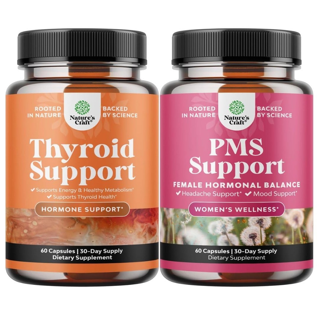 Pacote de Thyroid Suporte de ervas Complexo e ervas PMS Suplemento de suporte para mulheres - Enhancer de humor Suplemento de energia para a saúde da tireóide - Complexo de equilíbrio feminino com vitaminas PMS para mulheres