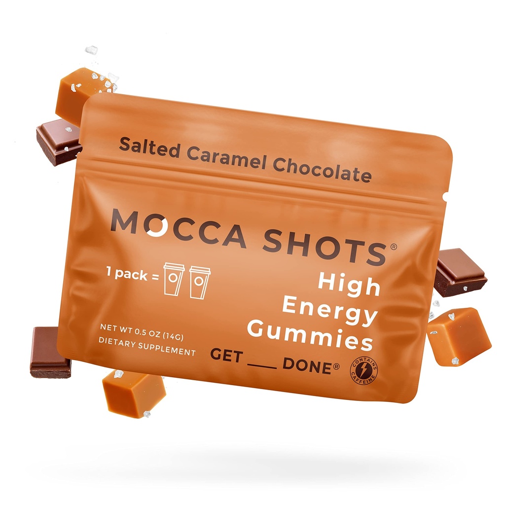 SGC Maior Concentração 100mg de cafeína por Gummy, 2 chicletes por embalagem, 12-Pack Mocca Shots Salted Caramel Plant-Based nootropic Instant Energy with Ginkgo biloba, Theobromine.