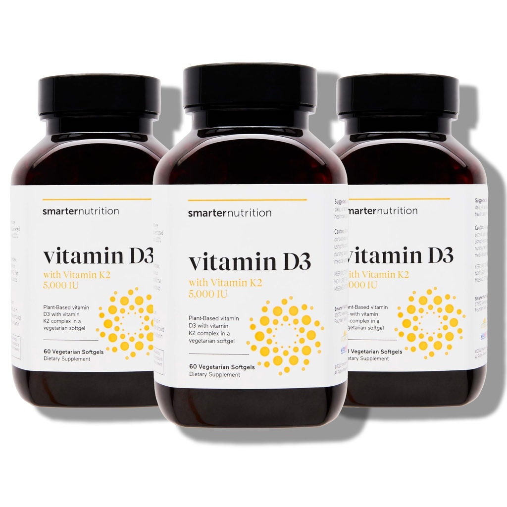 SMARTERNUTRITION Vitamina Vegan D3 5000 UI + Vitamina natural K2 1100 mcg em coco orgânico e azeite de azeitona - D3 K2 Suplemento para Imune & Suporte ósseo - 180 Softgels [90 fornecimento dia]