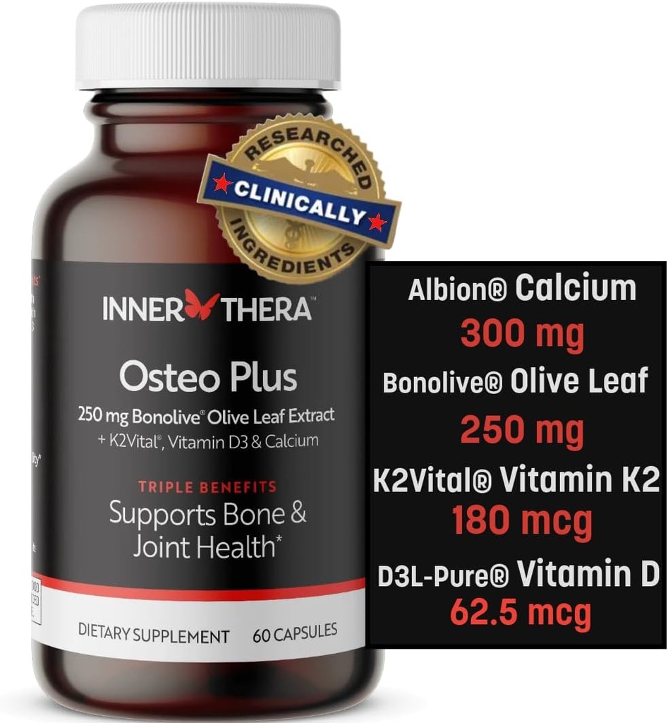 Osteo Plus 4-em-1 Suplemento abrangente - cálcio com vitamina D3, K2 e Bonolive - Suporta Envelhecimento saudável - Sem glúten, Não-GMO, Vegan (60 Contagem)