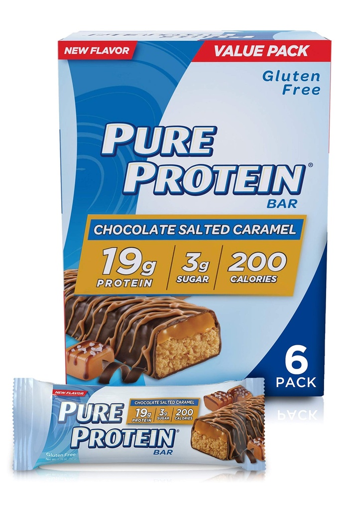 Barras de proteína pura, alta proteína, lanches nutritivos para apoiar a energia, baixo açúcar, sem glúten, chocolate salgado Caramel, 1,76 onças, 4 embalagem