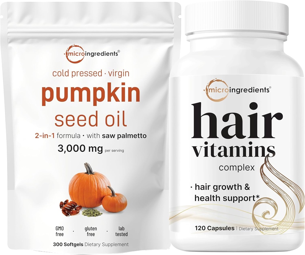 Micro Ingredientes Pumpkin Seed Oil com serra Palmetto 3.000mg Softgels & Hair Vitaminas Cápsulas Complexos 2 Pack Bundle Óleo Virgem Pressionado Frio 14-em-1 Suporte ao crescimento do cabelo com Colágeno e Biotina