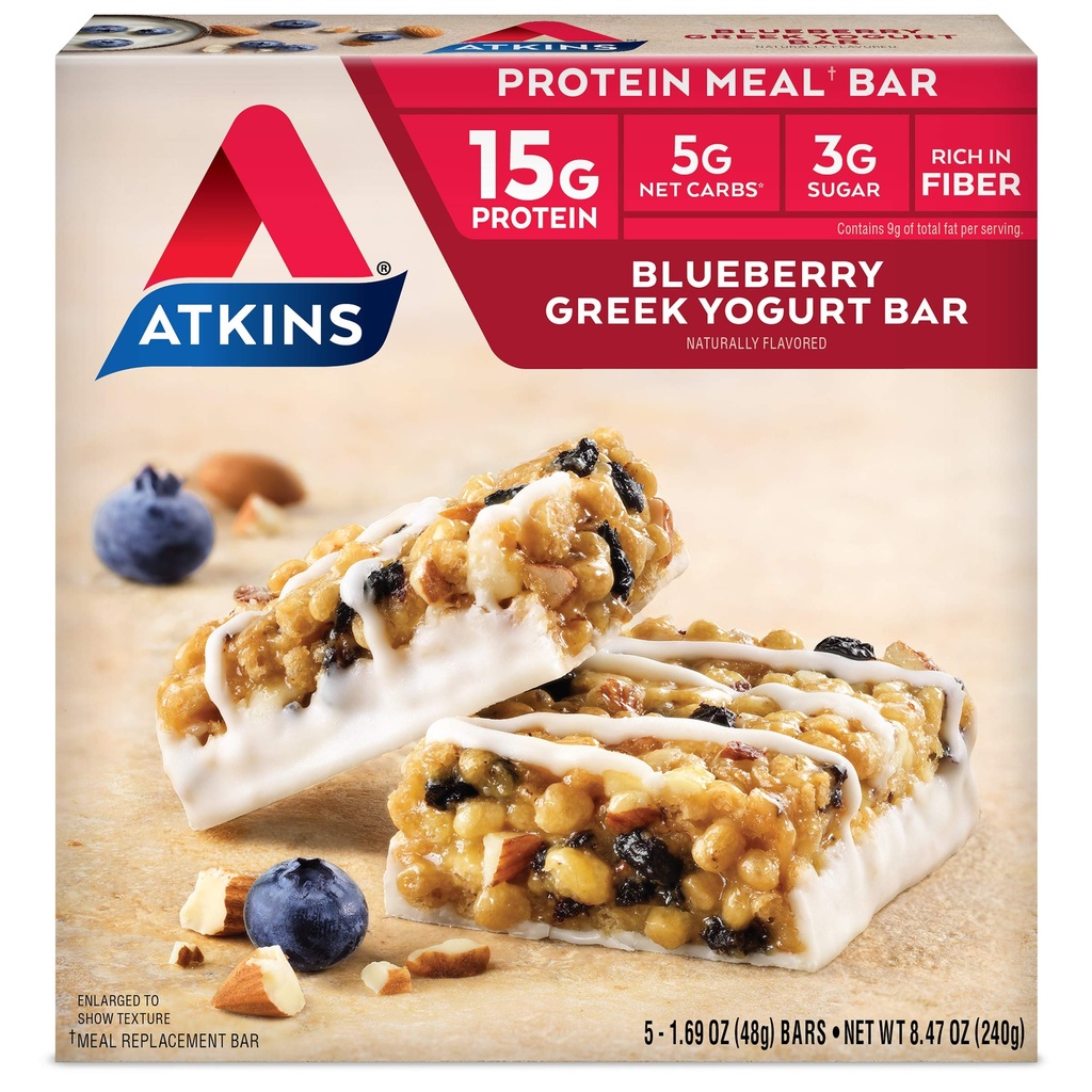 Atkins Blueberry Greek Yogurt Protein Meal Bar, Alta Fibra, 15g de proteína, 3g de açúcar, 5g de carboidratos líquidos, Substituição de refeições, Keto Friendly, 5 Count