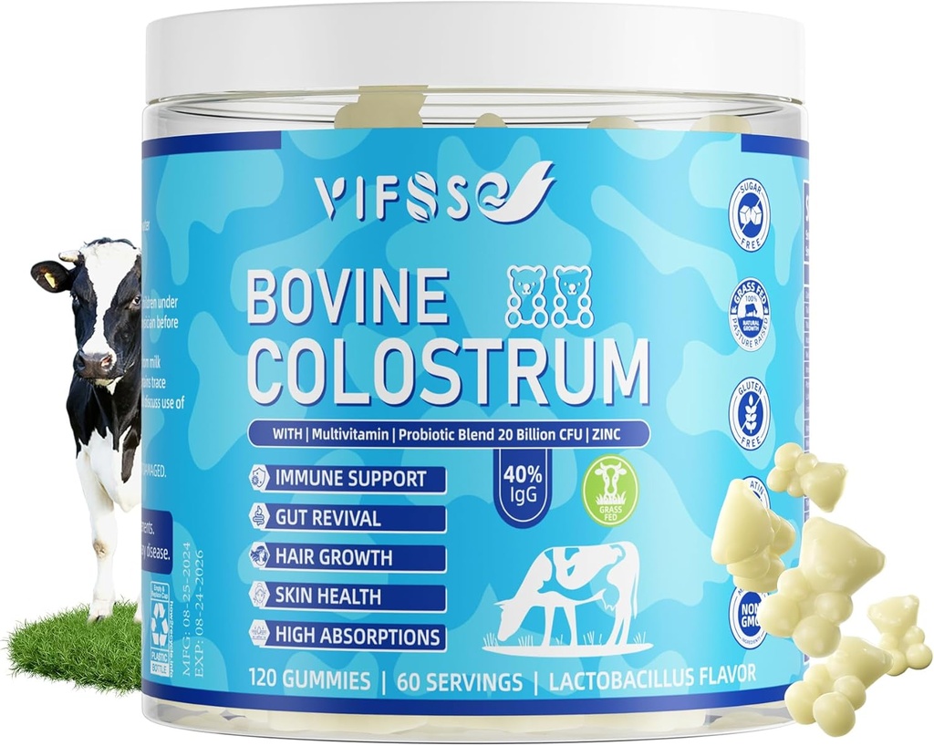 Colostrum de grama Suplemento 2000mg, 120 chicletes de açúcar livre 40% IgG Bovine Colostrum Gummies + Probiótico, Etc multivitamínico para apoio imunológico, Suporte a gut, Cabelo e pele