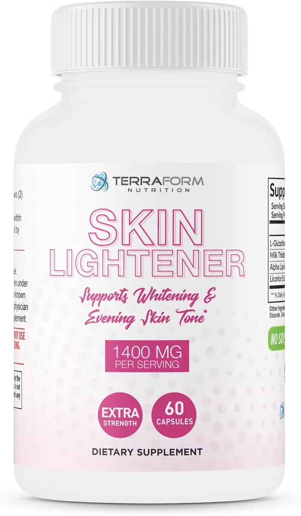 TerraForm Nutrition Skin Lightening Supplement, Glutationa 1000mg por serviço, Clears and Evens Skin Tons, Ajuda a limpar manchas escuras e cicatrizes de Acne - 30 Servings