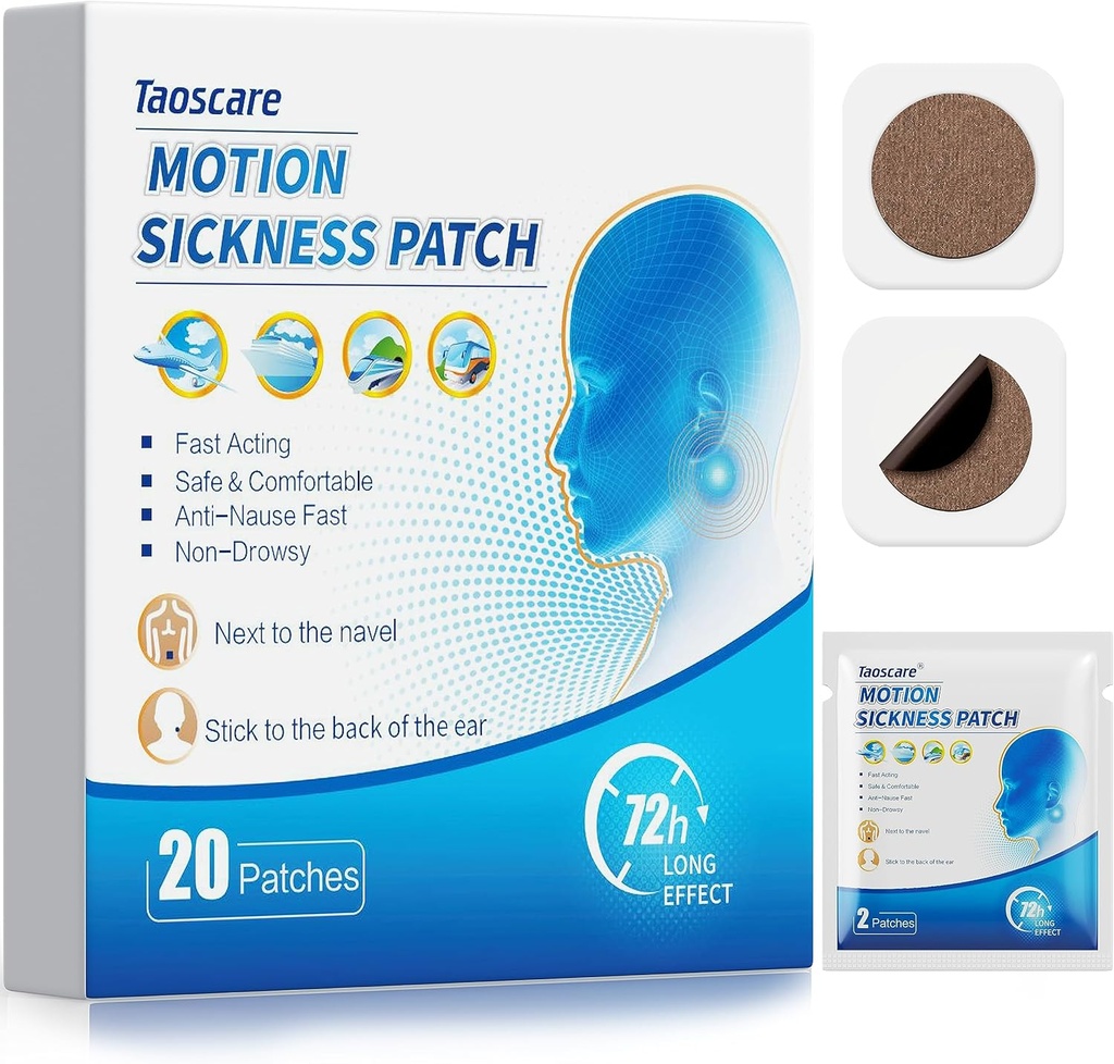 Motion Sickness Patches, Sea Sickness Patch para Crianças e Adultos com Pacotes Amigos de Viagem, Essencial de Viagens para Cruzeiro/Carro/Avião/Viagem ao Parque de Diversões (20 Patches)