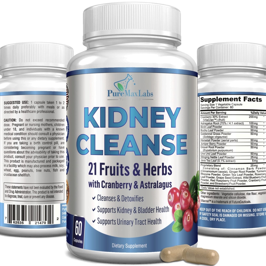 Herbal Kidney Cleanse com extrato de cranberry, Astralagus - 21 Frutas & Herbs - Detox & Cleanse Urinary Tract & Bladder Health, Suporte ao rim, 60 Cápsulas Vegan