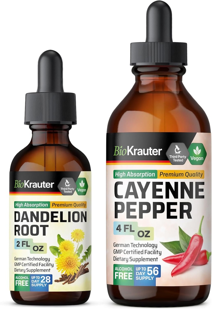 BIO KRAUTER Cayenne Pepper Tintura 4 Fl. Oz. & Dandelion Tintura 2 Fl. Oz.