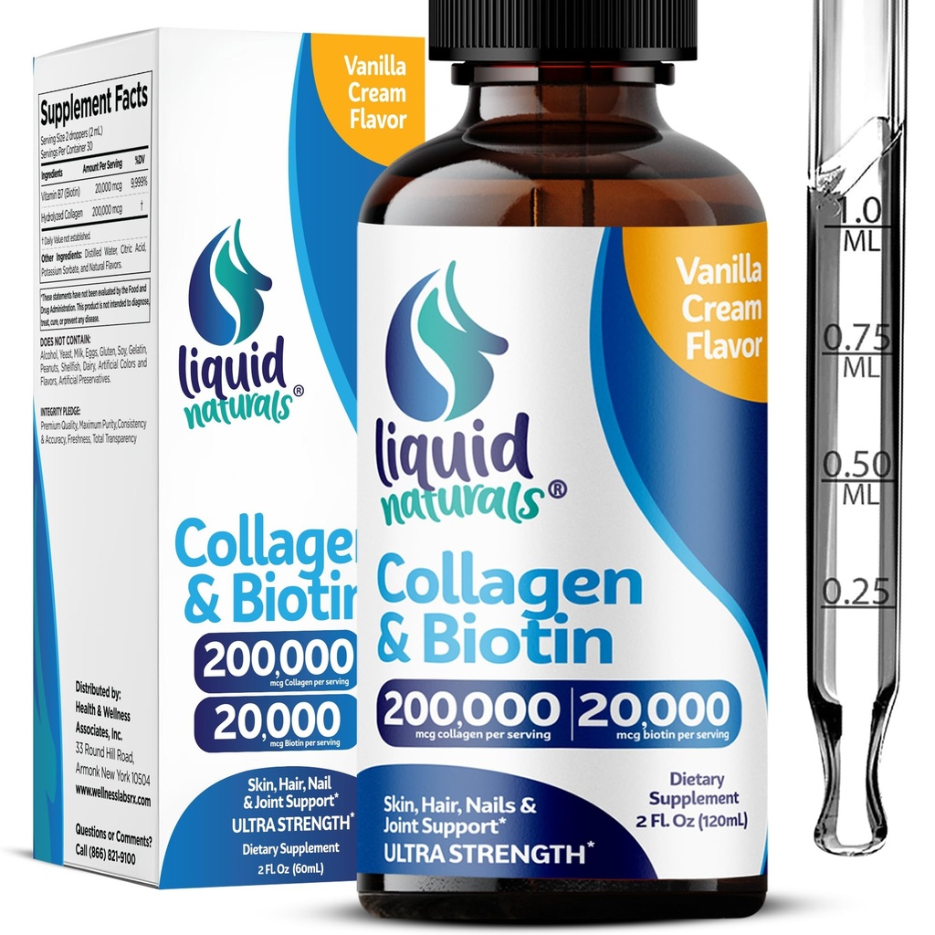 Colágeno Líquido e Biotina, 2 Fl. Oz, Suplementos de Colágeno Ultra-Forte para Mulheres, Biotina Testada de Terceira Parte para Mulheres, unhas e Vitaminas da Pele B7 Colágeno Peptídeos – Vanilla Flavor
