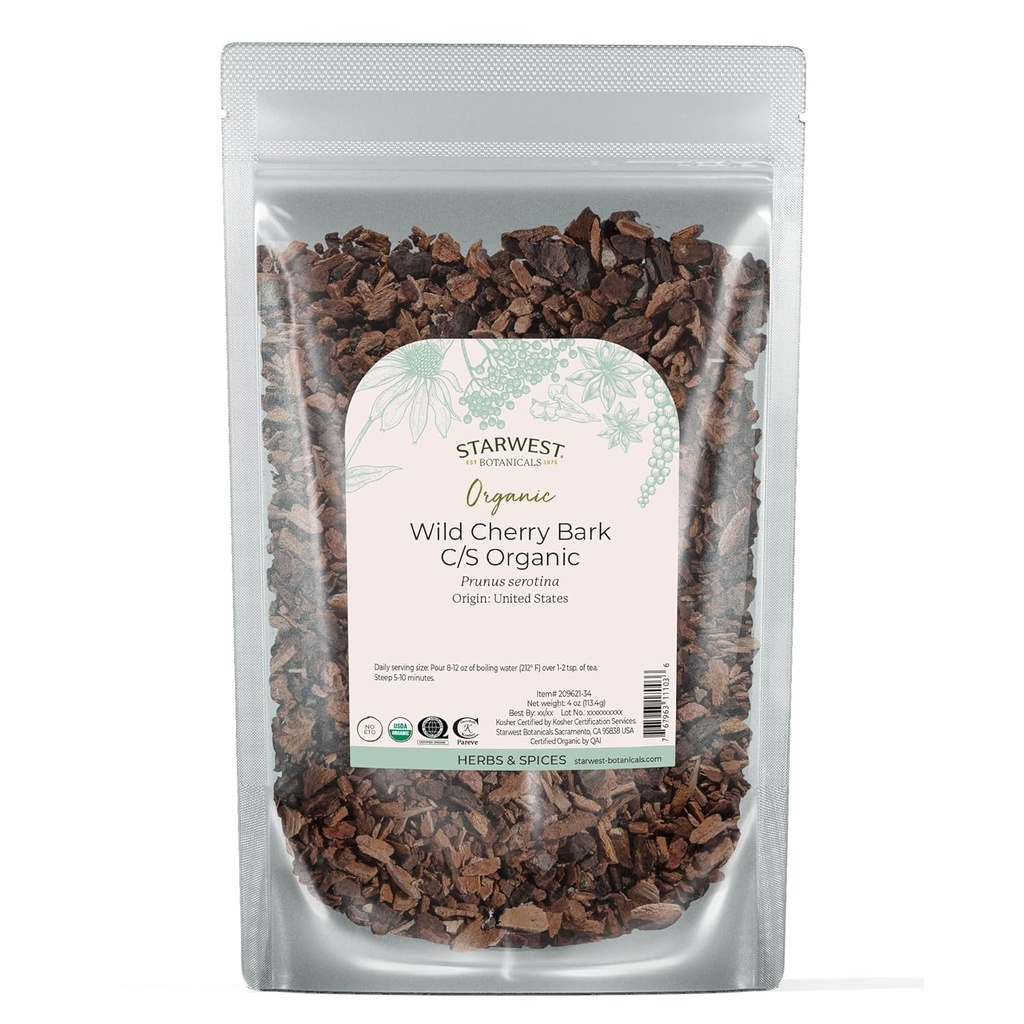 Botânicos Starwest Wild Cherry Bark Orgânico - Erva de folha solta seca para chá, xarope, & Misturas de ervas naturais, Prunus Serotina, corte & peneirado, Kosher certificado, Não-GMO - 4 oz Pouch