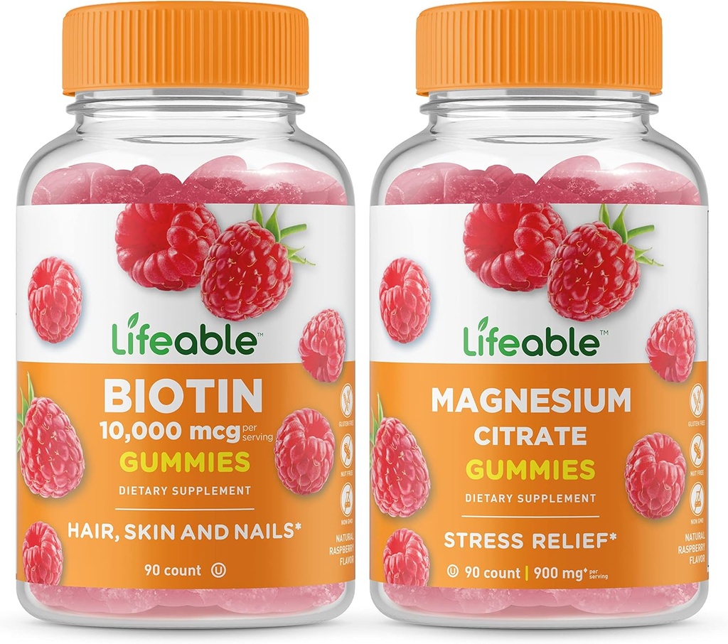 Biotina viva + Magnésio, Gummies Bundle - Grande degustação, Suplemento Vitamina, Glúten Livre, GMO Livre, Mastigável