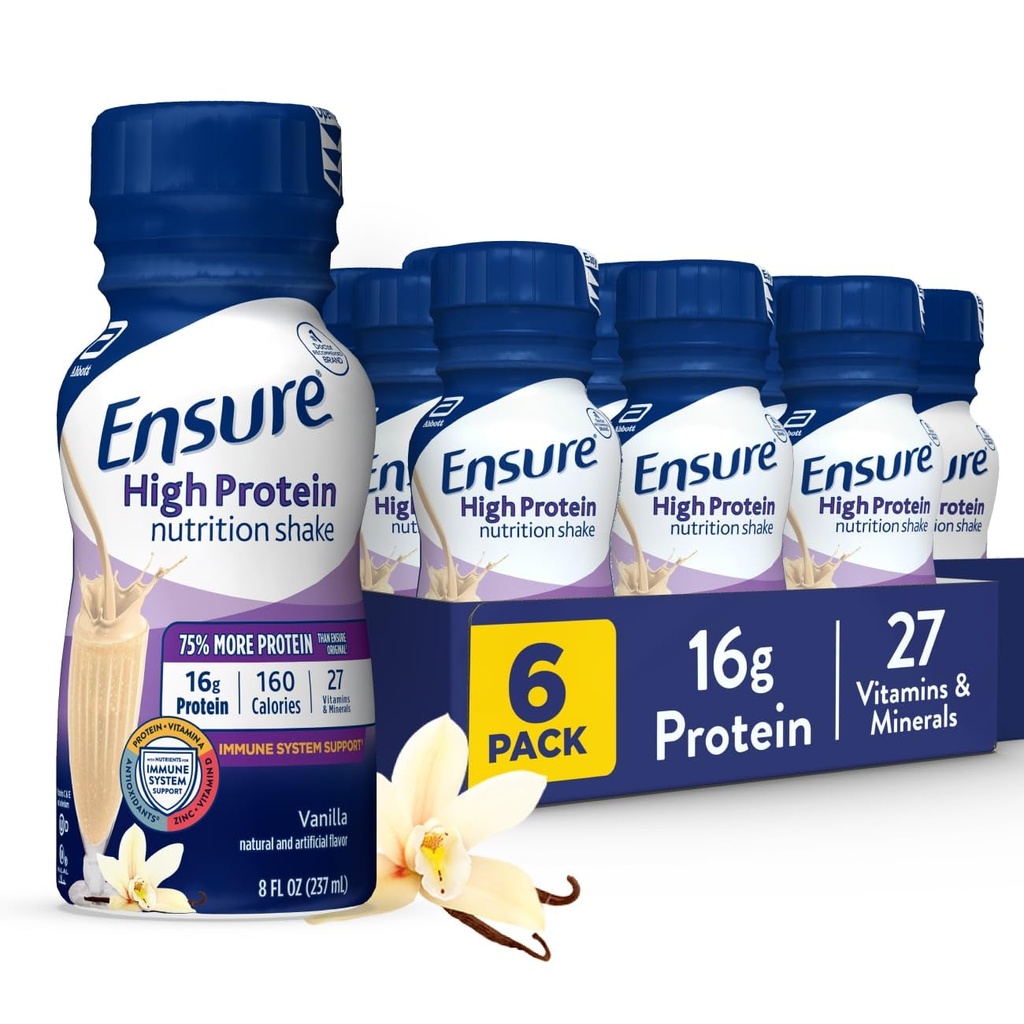 Certifique-se de alta proteína Baunilha Nutrição Shake com fibra, pronto para beber, 16g de proteína e 27 vitaminas e minerais, 8 fl oz, 6 embalagem