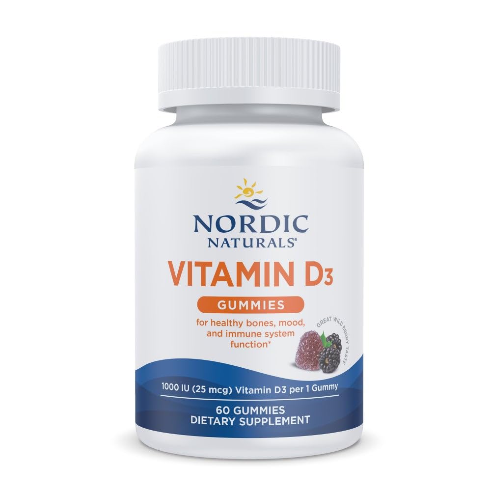 Naturals Nórdicos Gummies Vitamina D3, Berry Selvagem - 60 chicletes - 1000 UI Vitamina D3 - Grande gosto - Ossos saudáveis, humor e função do sistema imunológico - Não-GMO - 60 Servings