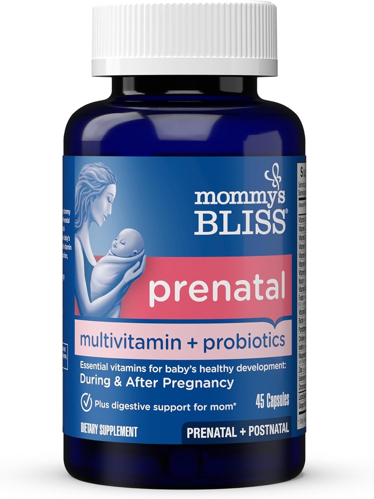 Mami's Bliss Pré-natal Multivitamin + Probiótico para Mulheres w / Ácido Fólico, Suporta o desenvolvimento do bebê & Mom's Digestion w / Zinco, Vitamina B6 & B12, Ginger & Choline, Vegan & Gluten Free (45 Servings)