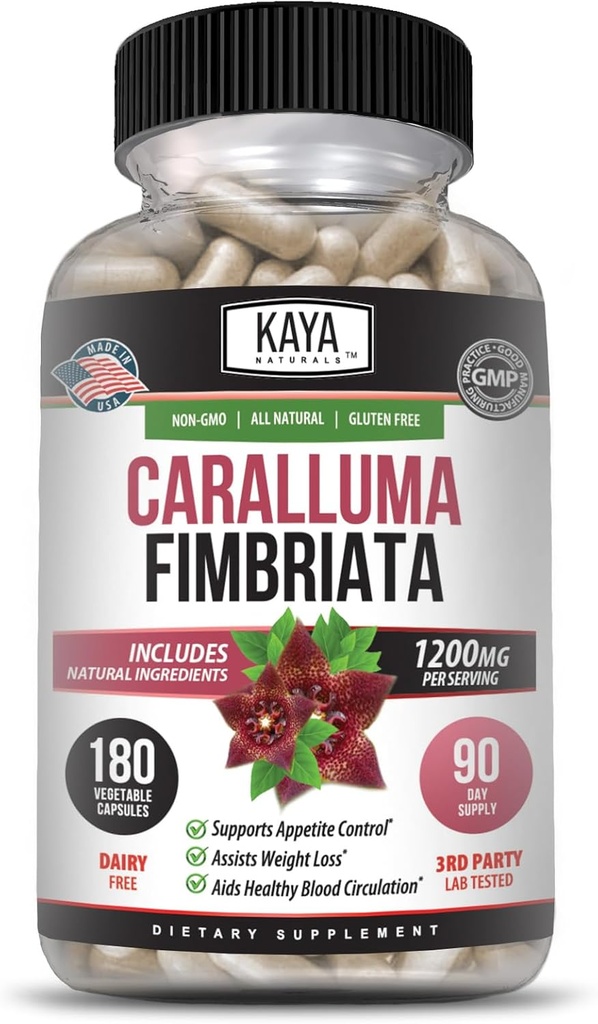 Kaya Naturals - Caralluma Fimbriata 1200mg Suplemento de alta potência □ Suporte de resistência natural máxima, Cápsulas vegetarianas (180 Count)