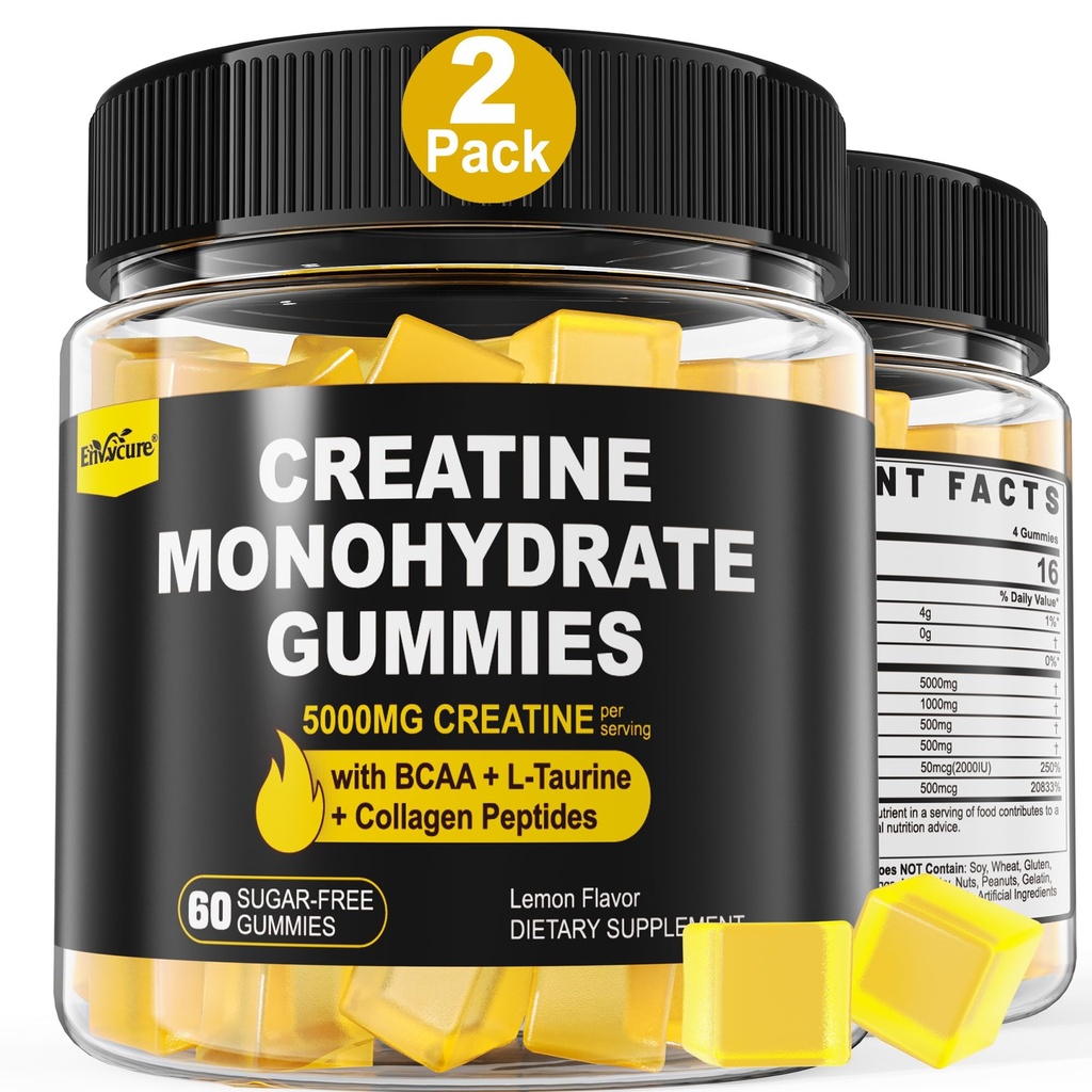 Creatina Gummies mono-hidratada para homens e mulheres - com BCAA, Colágeno Peptídeos, L-Taurine, Vitamina B12, D3, Mastigações Creatina Mono-hidratada 5g por servir, Flavor de limão natural, Açúcar livre, 2 embalagem