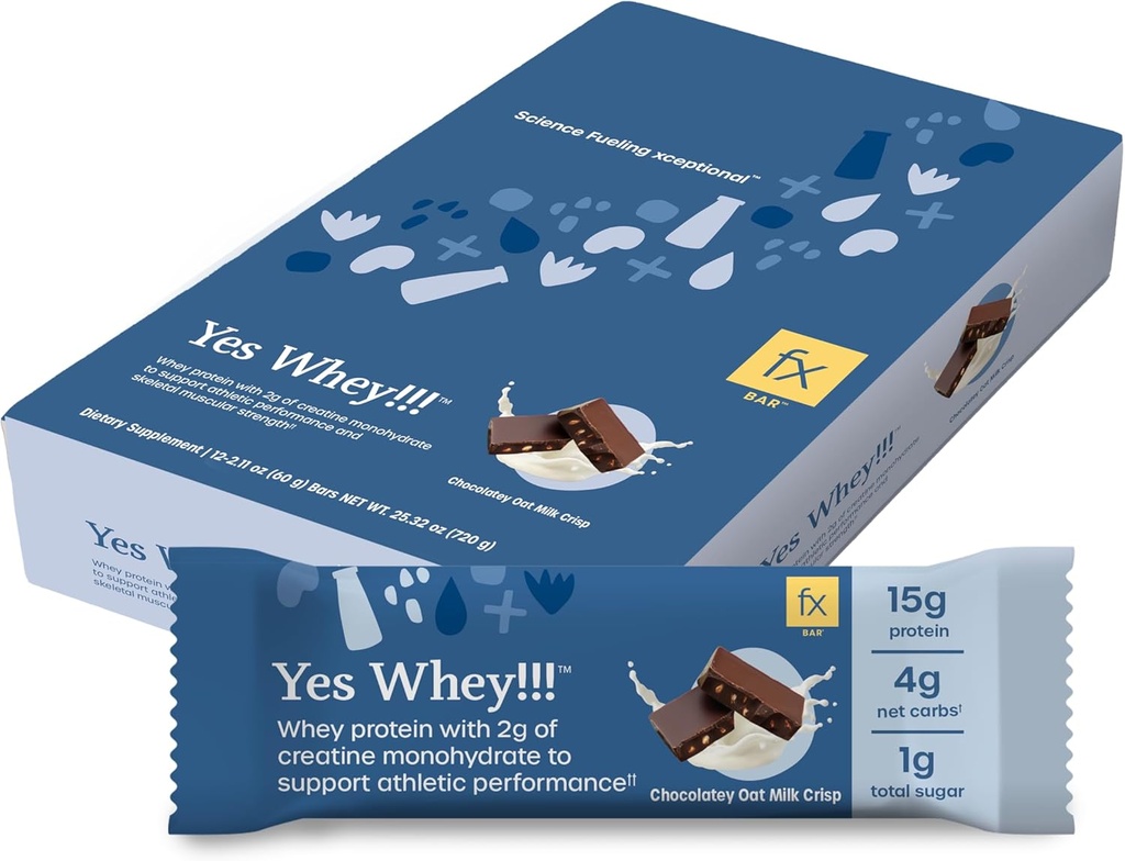 Fx Yes Whey Bar - 15g Whey Protein Bar com Creatina para apoiar músculos, energia e desempenho de pico - 1g Açúcar + 4g Carboidratos Líquidos - Soja-Free Chocolate Aveia Leite Crisp Flavor Protein Snack (12 bars)