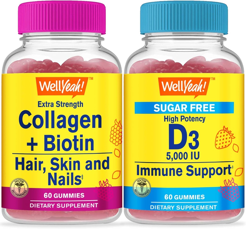 BemSim Colágeno+Biotina + Vitamina D3 5.000 UI Livre de Açúcar, Gummies Bundle - Grande degustação, Suplemento Vitamina, Sem glúten, GMO Livre, Gummy mastigável