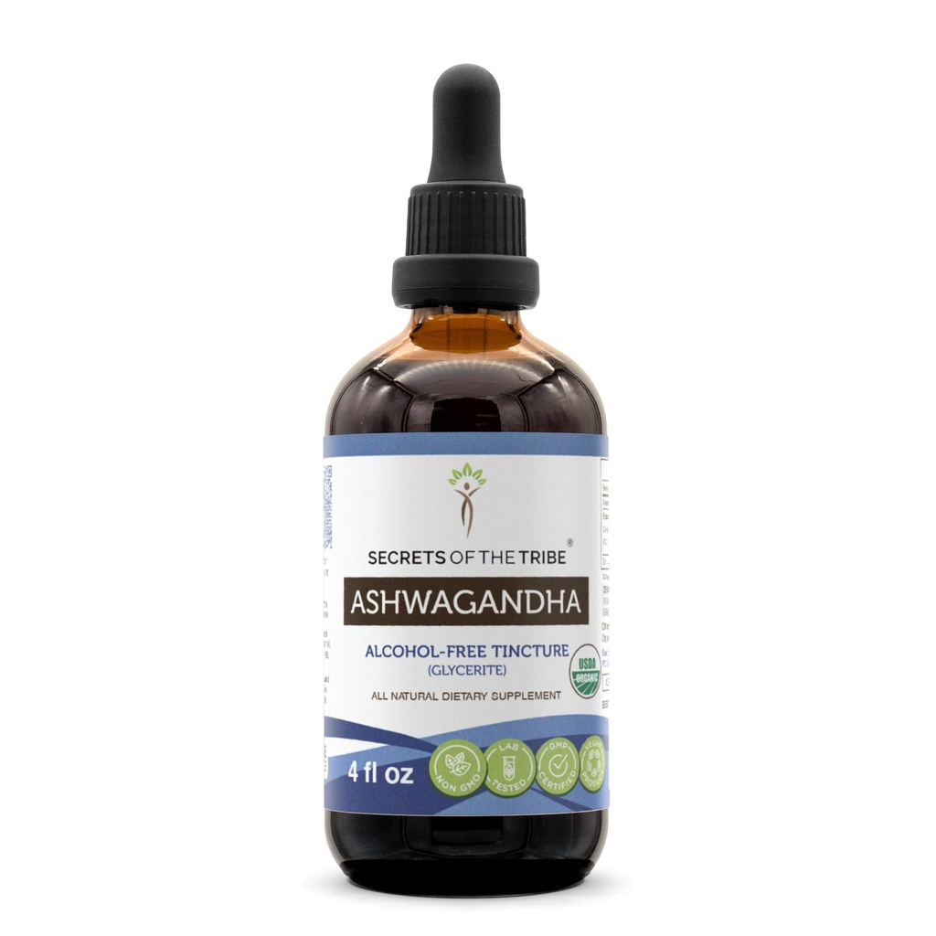 Ashwagandha USDA Extrato Orgânico sem Álcool, Ashwagandha Withania Somnifera Anti-Stress e Relaxação 4 OZ