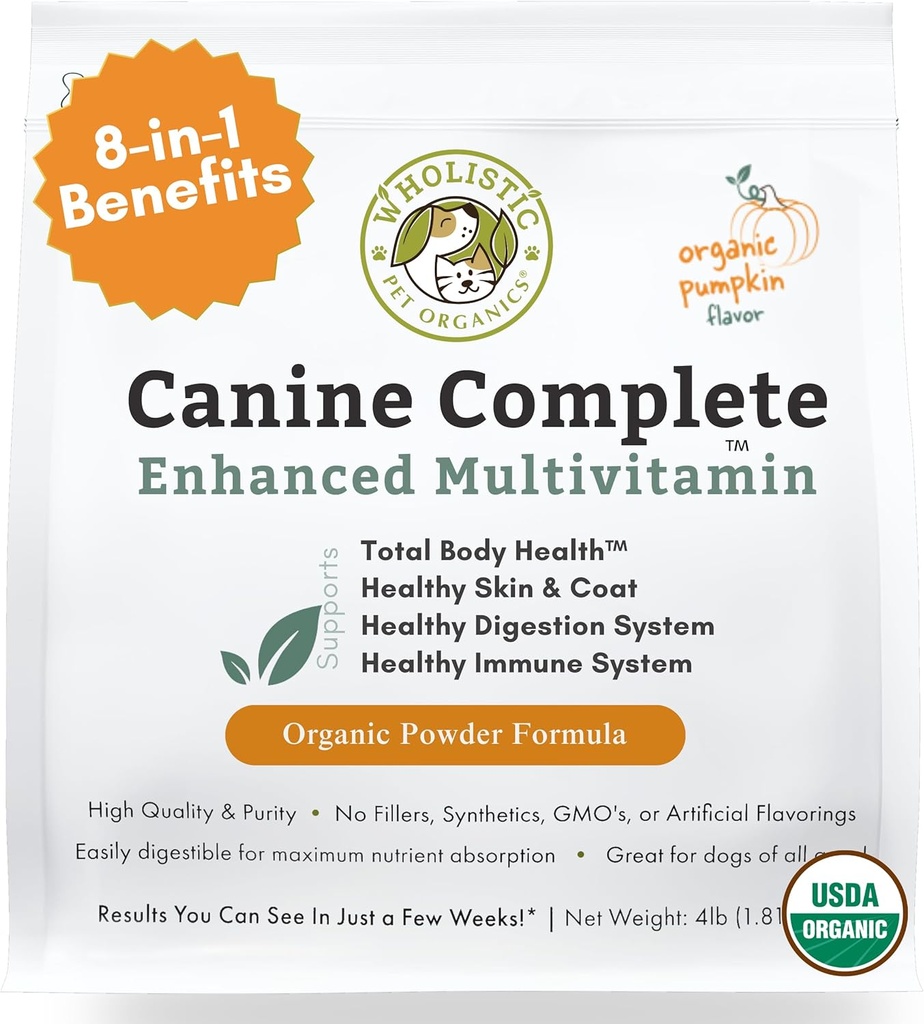 Wholistic Animais Orgânicos Canino Completo - Dog Multivitamin Pó - 4 Lb - Vitaminas e Suplementos diários do cão para alimentos caseiros - Sistema imunológico, pele, casaco e saúde geral - Pequena e grande raça